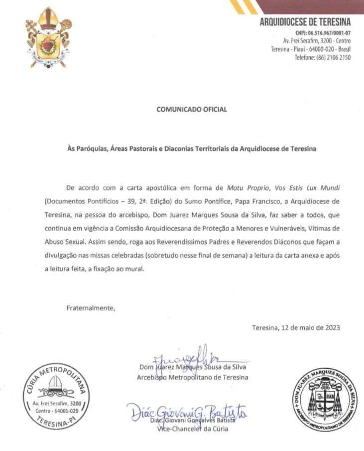 Carta de Dom Juarez para ser lida nas missas alertando que existe comissão na Arquidiocese que apura abusos sexuais.