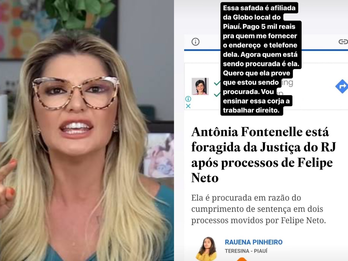 Antônia Fontenelle ameaça e expõe jornalista piauiense após matéria sobre perca de processo para Felipe Neto