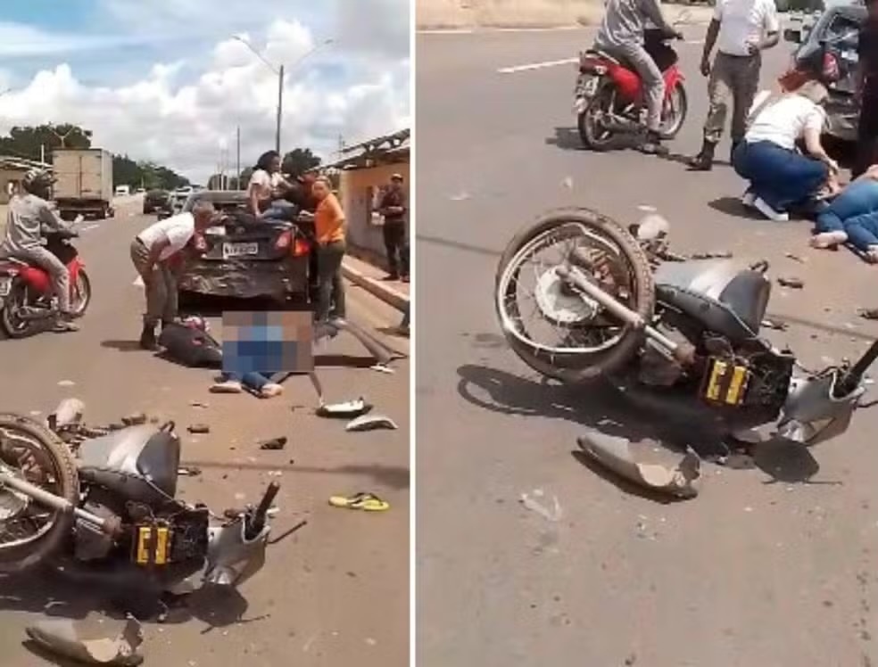 O acidente ocorreu quando a mãe desceu do carro para ajeitar a cadeira do filho. A moto colidiu na traseira do veículo