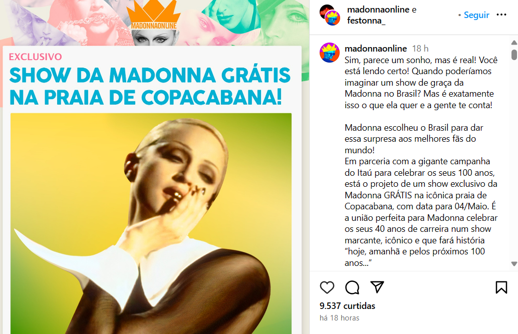 Publicação feita no perfil @madonnaonline  e  @festonna_