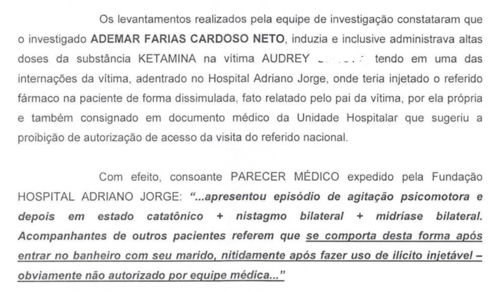 Em trecho do inquérito, a esposa do irmão de Djidja aparece como uma das vítima, forçada a usar os entorpecentes mesmo quando estava em uma unidade médica.
