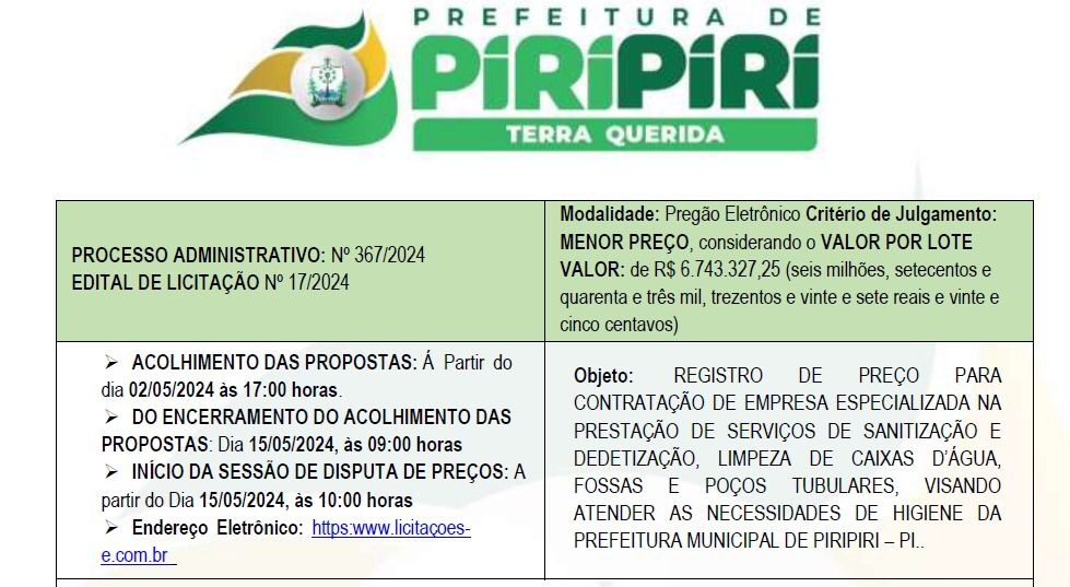 Publicação da contratação de empresa para limpeza de fossas em Piripiri