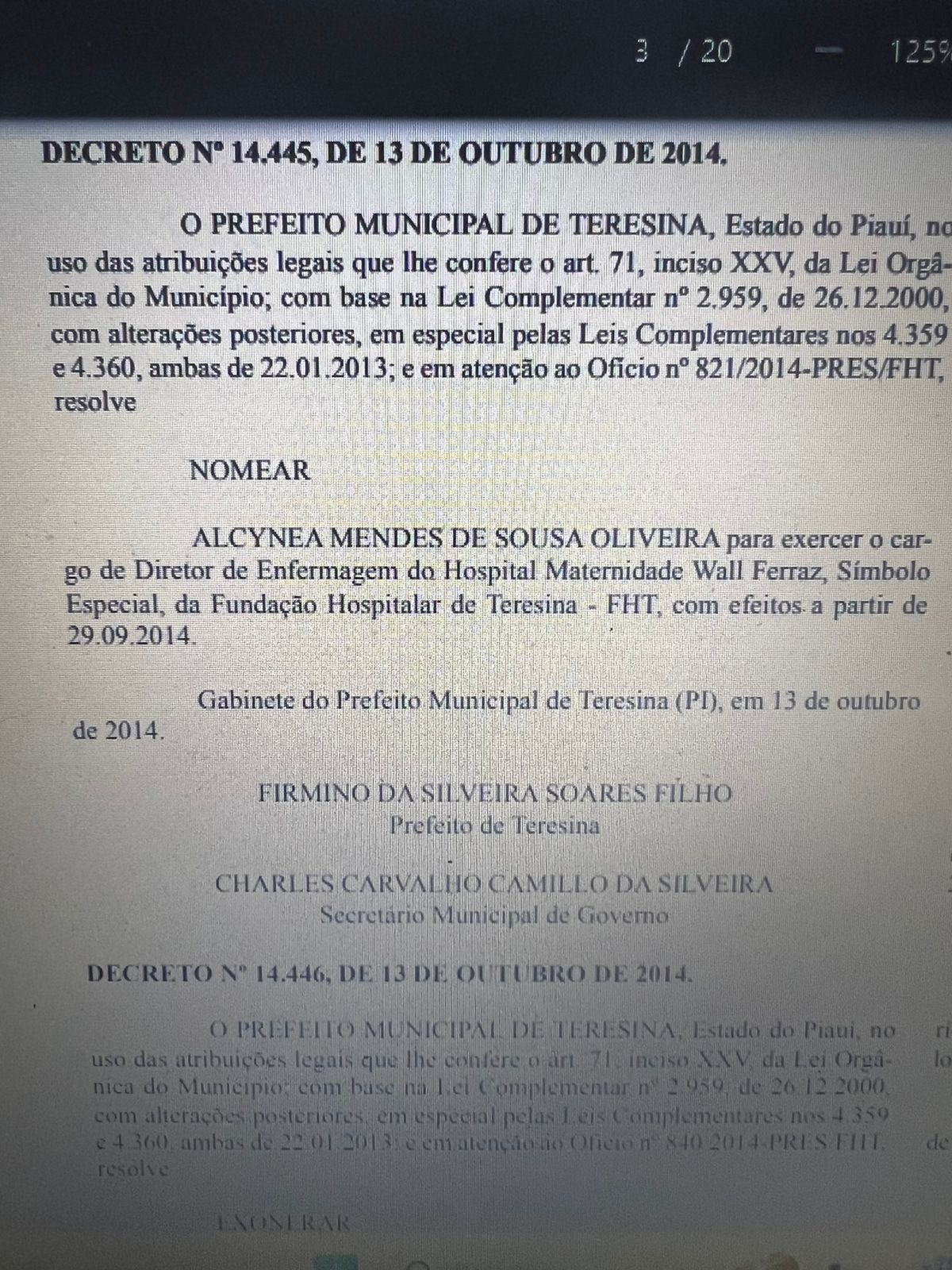 O decreto de que fala o comunicado da Aguas de Teresina trata de nomeação  na PMT