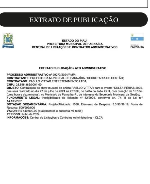 Extrato da “licitação” do contrato de R$ 440 mil para Pablo Vitar ir cantar em Parnaíba.