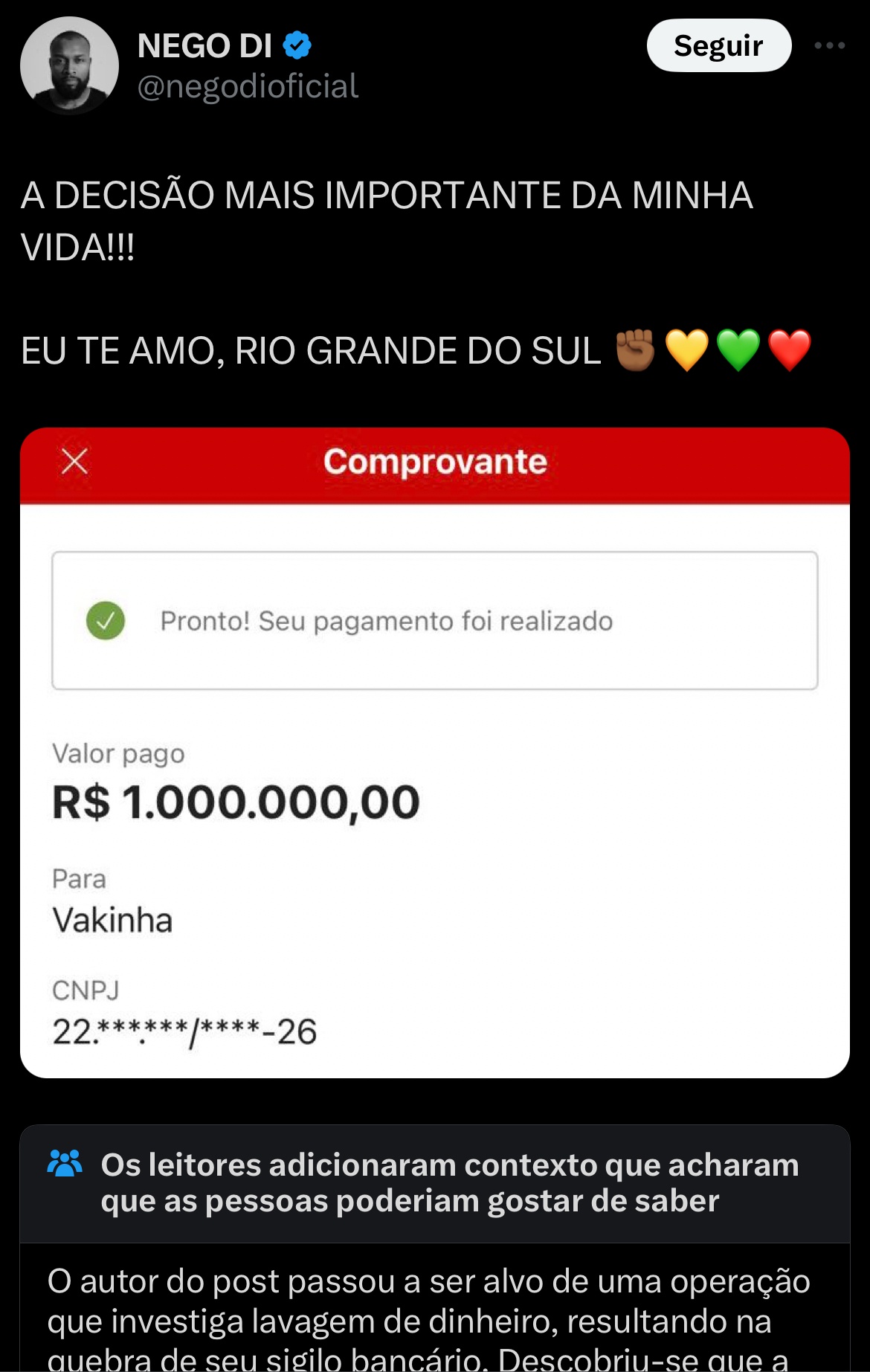 O influenciador ainda divulgou o comprovante adulterado em suas redes sociais
