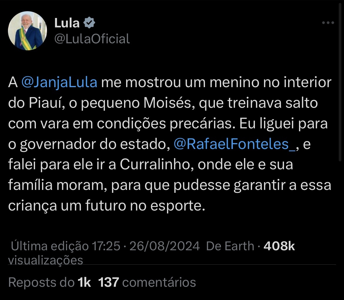 Lula chega um pouco atrasado e diz que ligou para Rafael Fonteles garantir futuro de jovem no Piauí