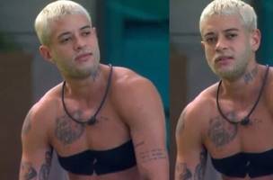 Primeiro homem trans em um reality da TV Globo, Nick utiliza fitas no peito como parte de sua jornada de transição e representatividade. (Foto: Reprodução/Divulgação/Globoplay)