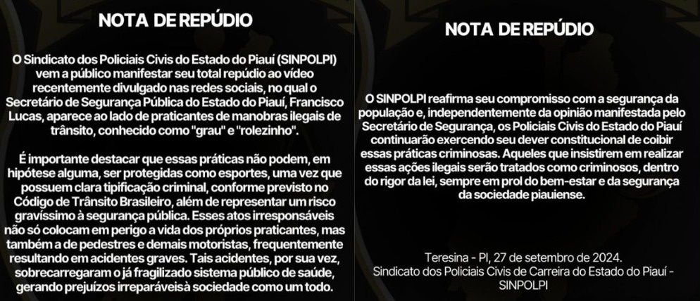 A nota pública foi divulgada nas redes sociais do Sinpolpi nesta sexta-feira (27).