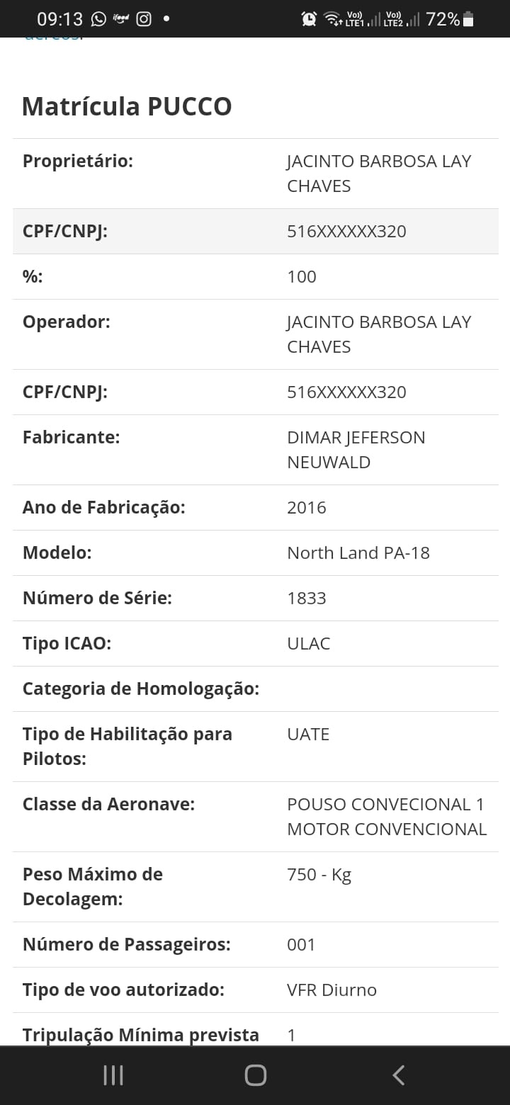 Especificações do avião
