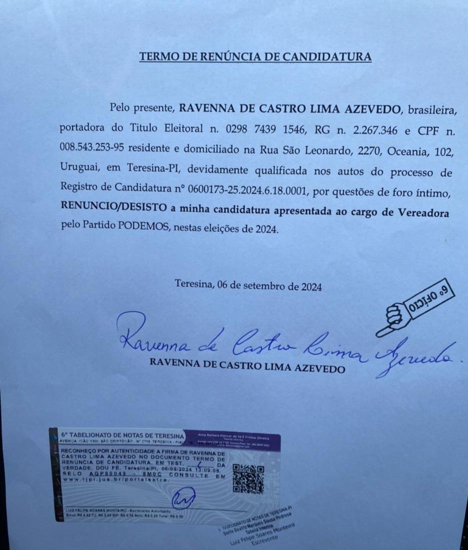 O termo de renúncia assinado por Ravena e já encaminhado à direção do Podemos.