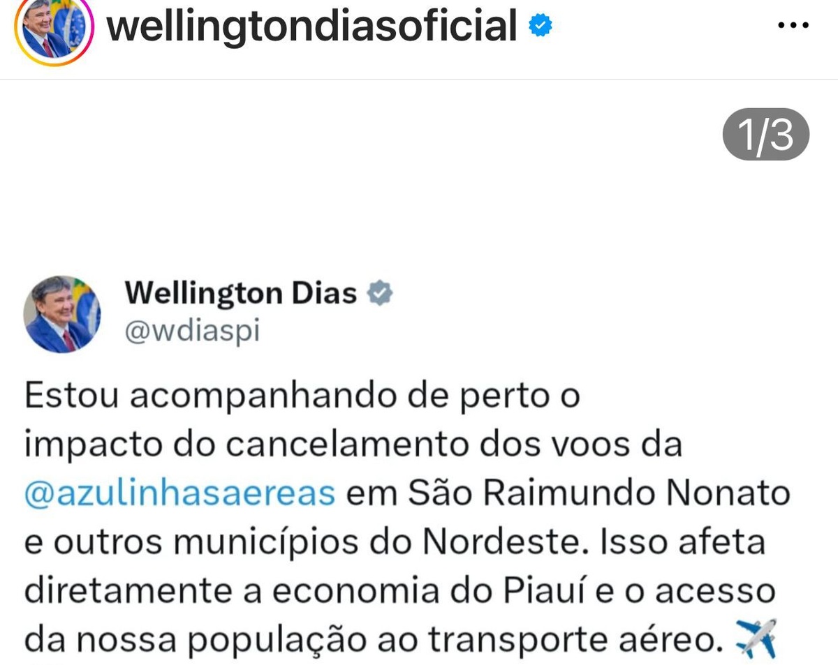 Postagem de Wellington sobre o fim dos voos para o interior.