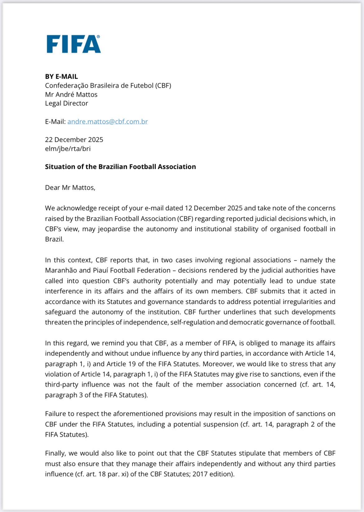 FIFA alerta pra graves sanções contra o Brasil