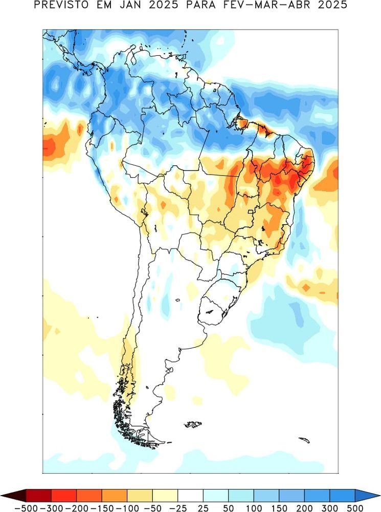 INPE: Modelagem trimestral de anomalia de chuva prevista: fevereiro - março - abril de 2025.