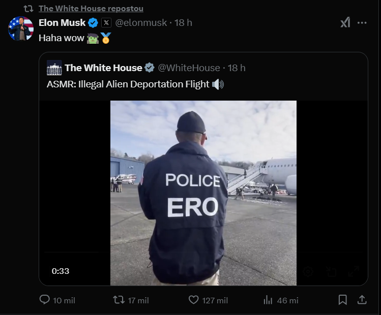 O perfil oficial repostou o comentário de Elon Musk ao vídeo.