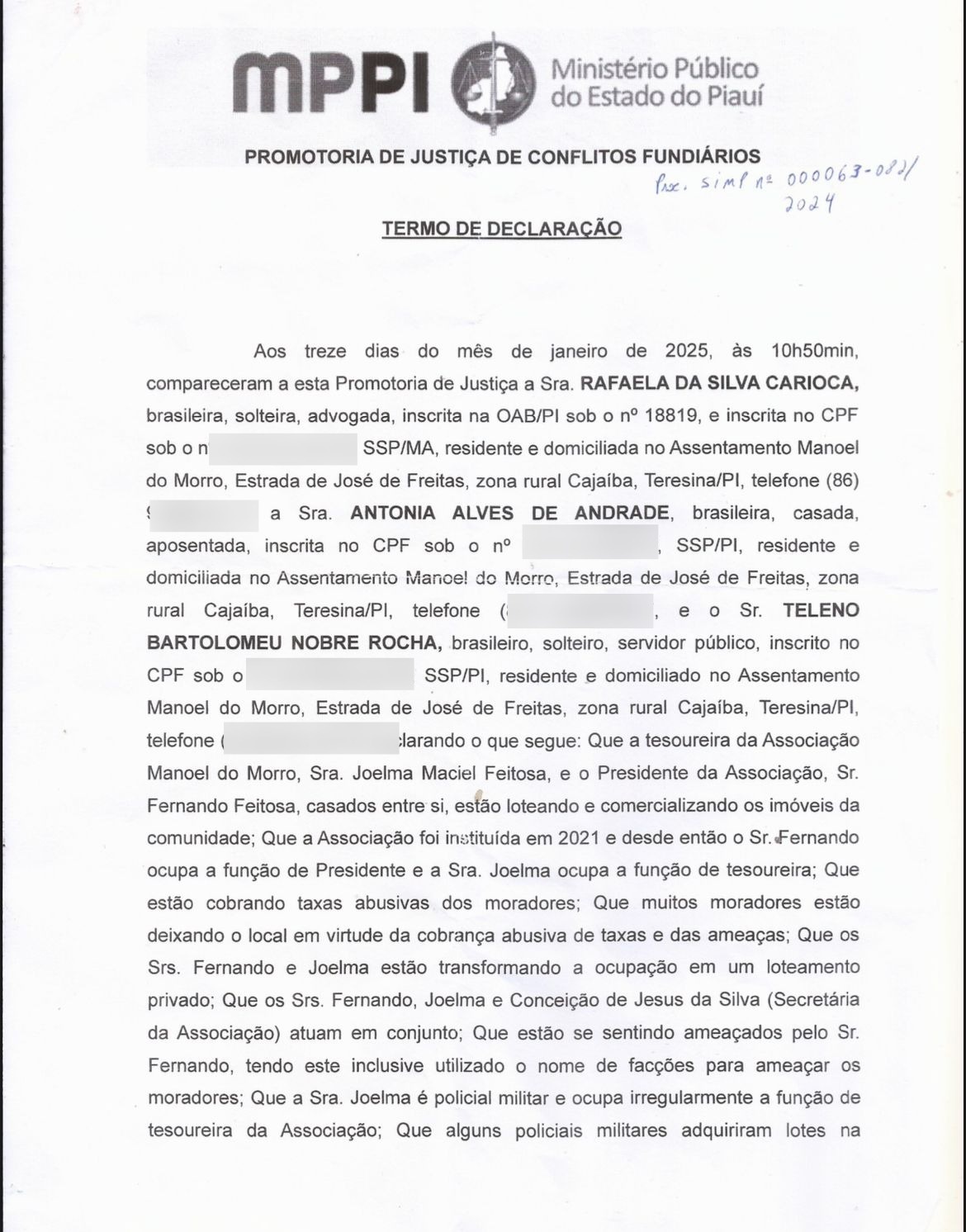 Termo de declaração da investigação do MPPI