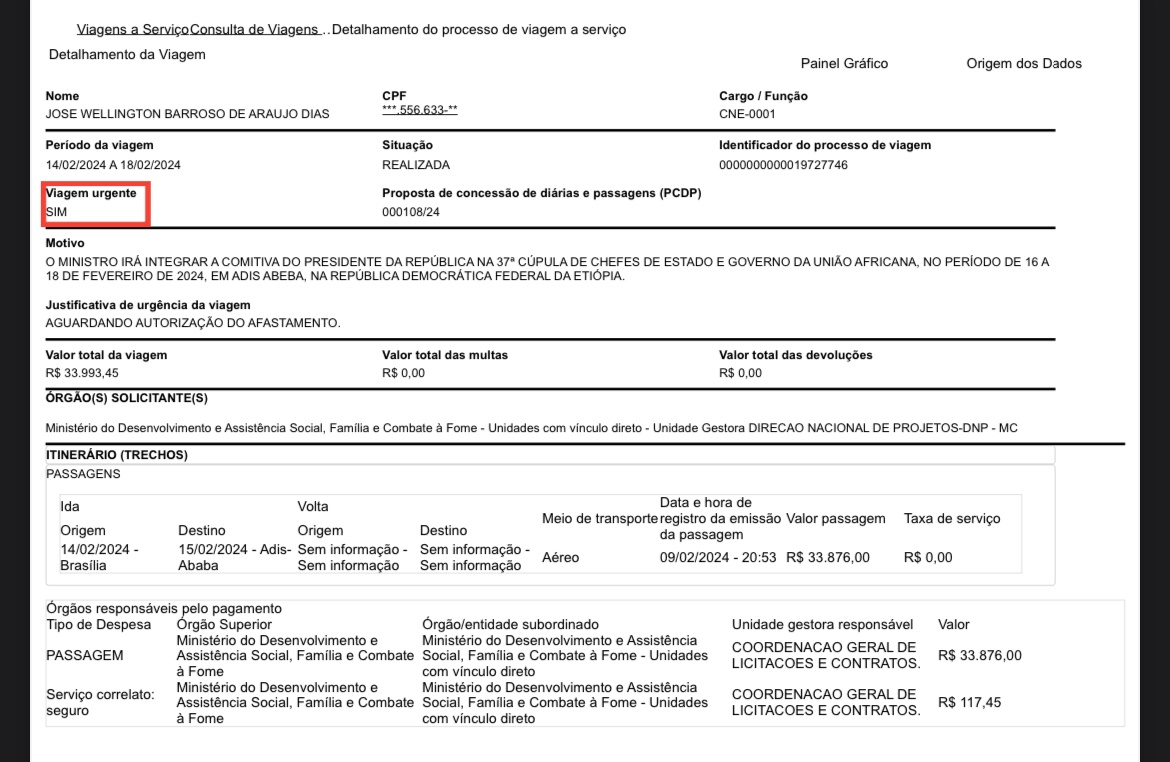 Uma das viagens “urgentes” do ministro Wellington