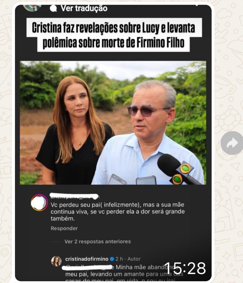 Veja a revelação de Cristina em bate bapo de redes sociais sobre a mãe, Lucy… e Firmino