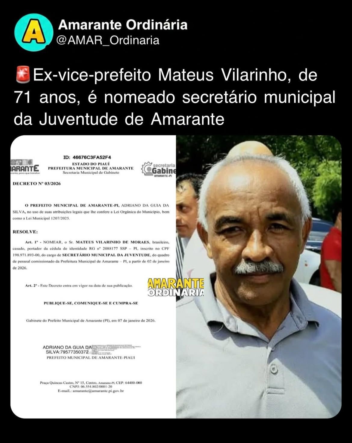 Mateus, 71, secretário da juventude