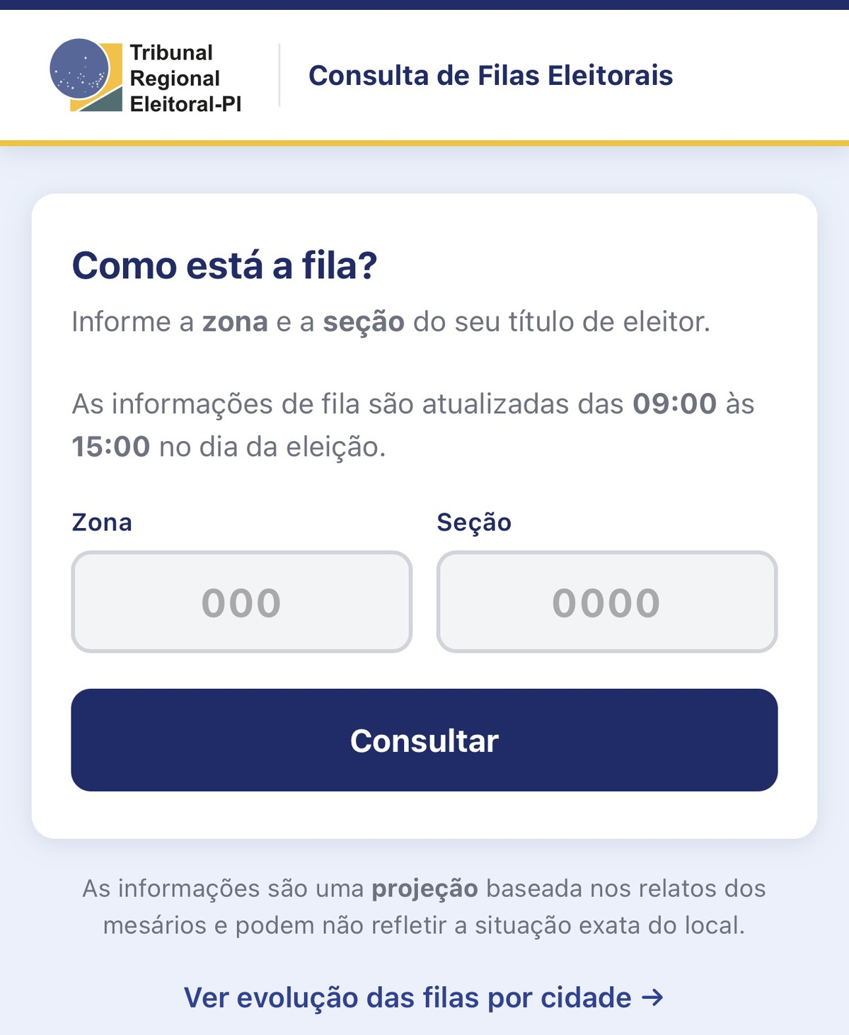 Ferramenta não pede cadastro ou informações extras, basta indicar a zona e sessão de votação para verificar a fila