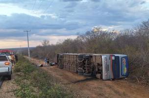 Ônibus com 10 pessoas tomba na PI-141 e deixa pessoa ferida no PI (Foto: Reprodução/PM)