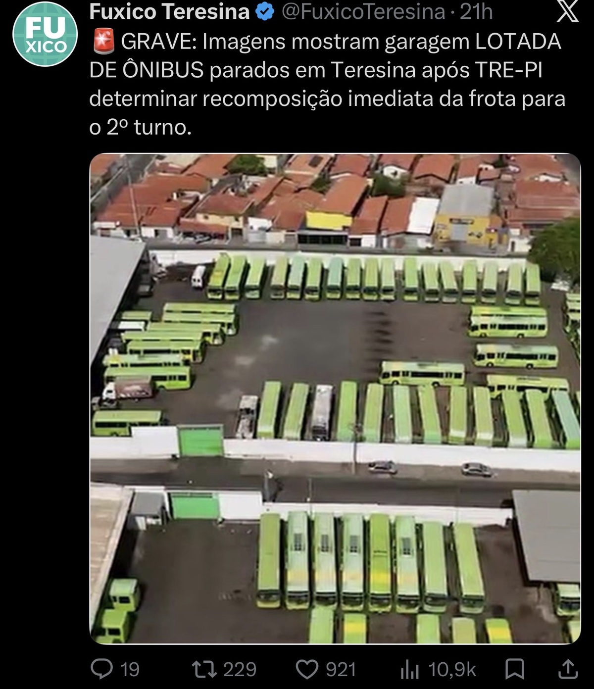 Página denuncia ônibus na garagem durante dia da votação do segundo turno em Teresina