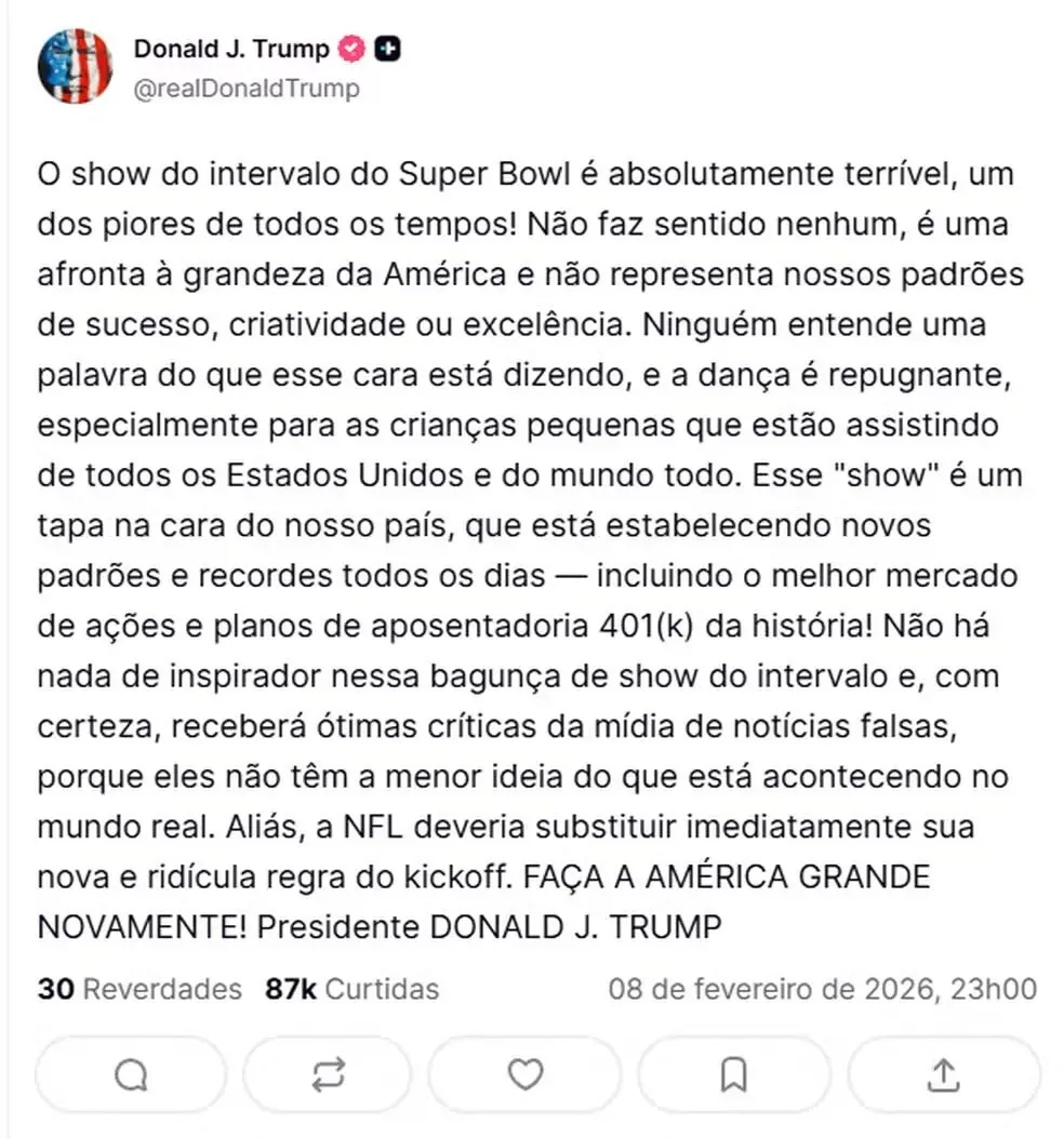 Trump não gostou de ver a cultura latina ser celebrada no show de intervalo do Super Bowl