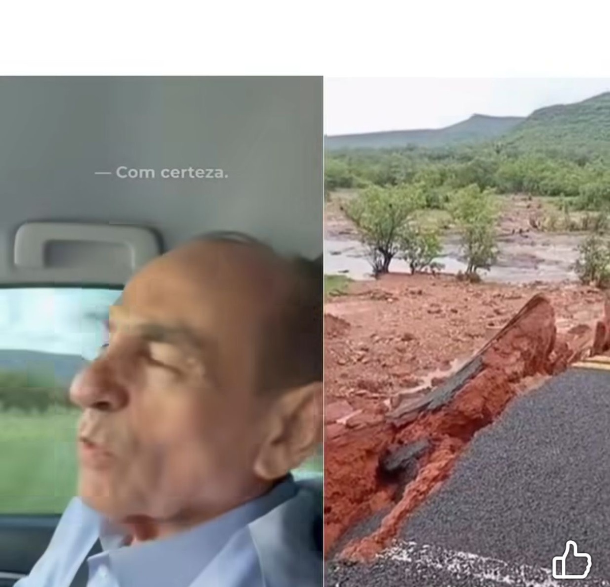 Marcelo no papel de boy da propaganda: “governador, não se acha um  buraco nas estradas”. Atrás dele, Petrus Evelyn mostra rodovias arrombadas