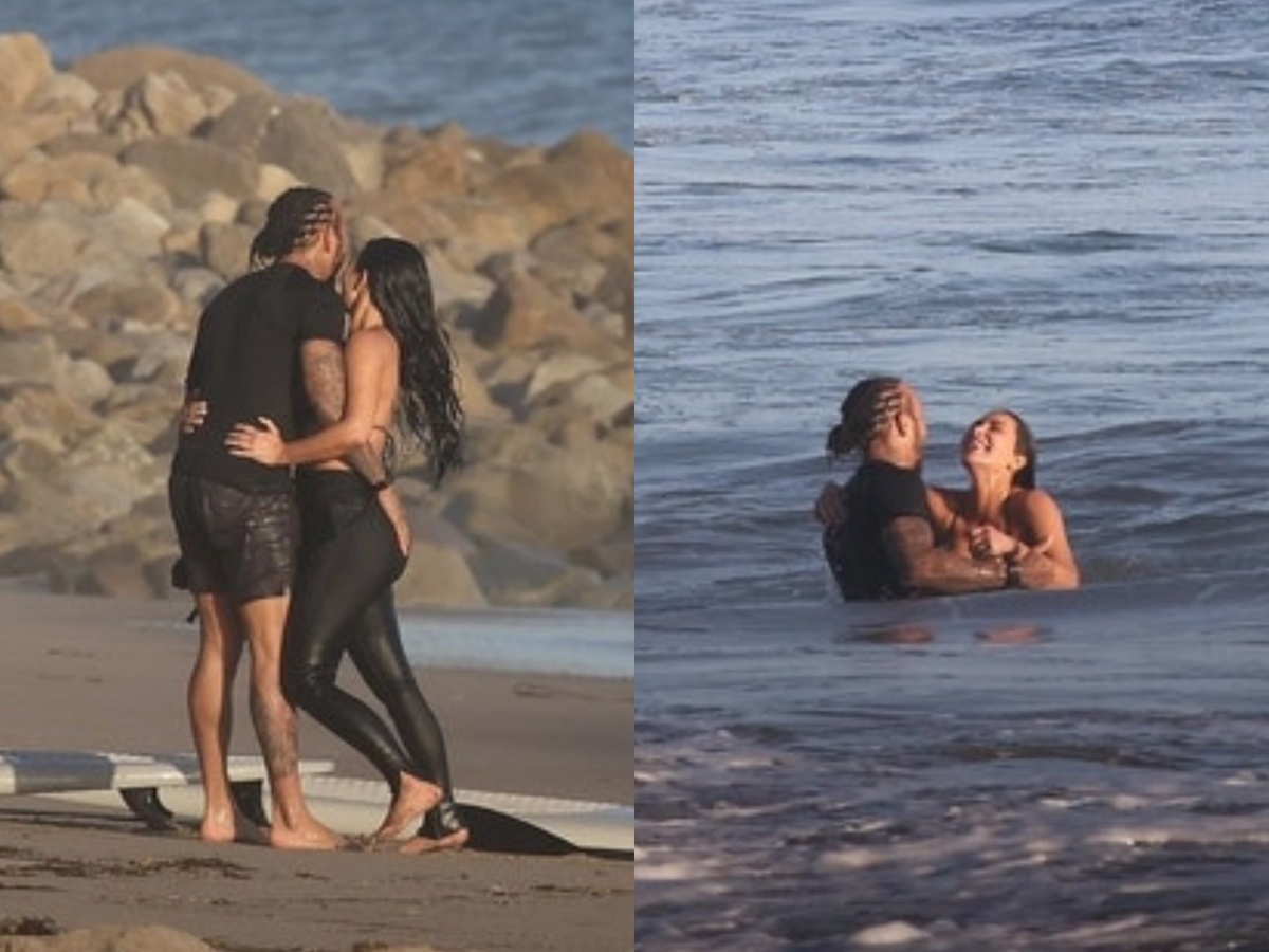 Kim Kardashian e Lewis Hamilton em praia de Malibu na última terça-feira (21)