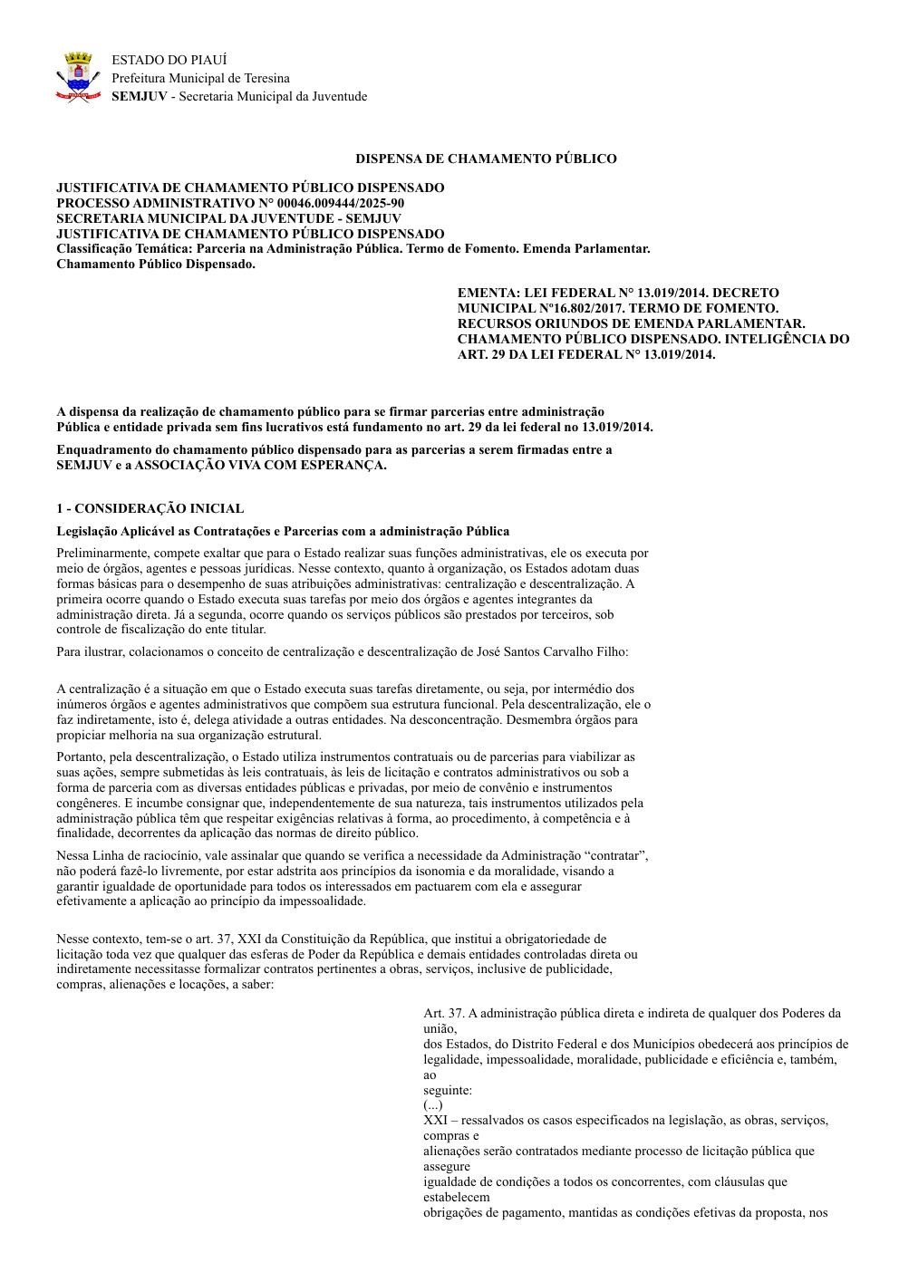 Dispensa de Chamamento Público — Processo n.º 00046.009444/2025-90 (página 1)