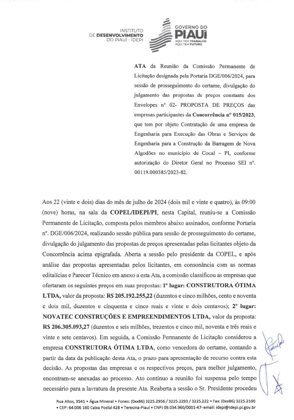 Ata de 22 de julho de 2024 com a classificação final de preços: Construtora Ótima em primeiro lugar, Novatec em segundo