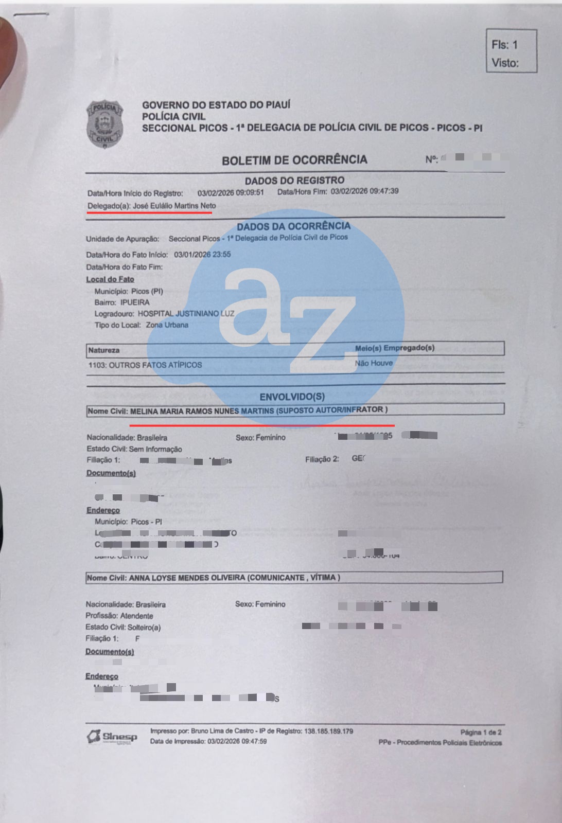 Boletim de ocorrência do caso onde o delegado titular da investigação é o irmão da acusada