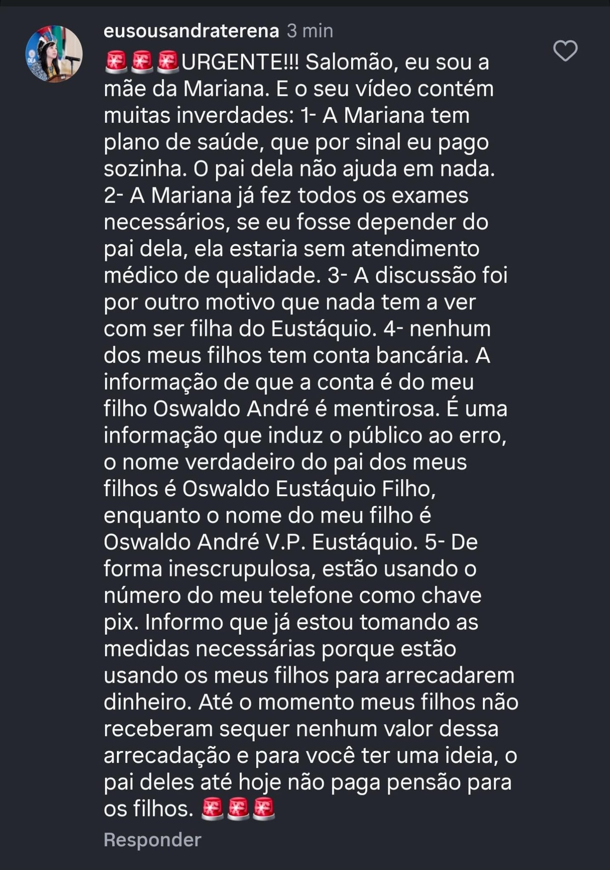 Comentário de Sandra nas redes sociais