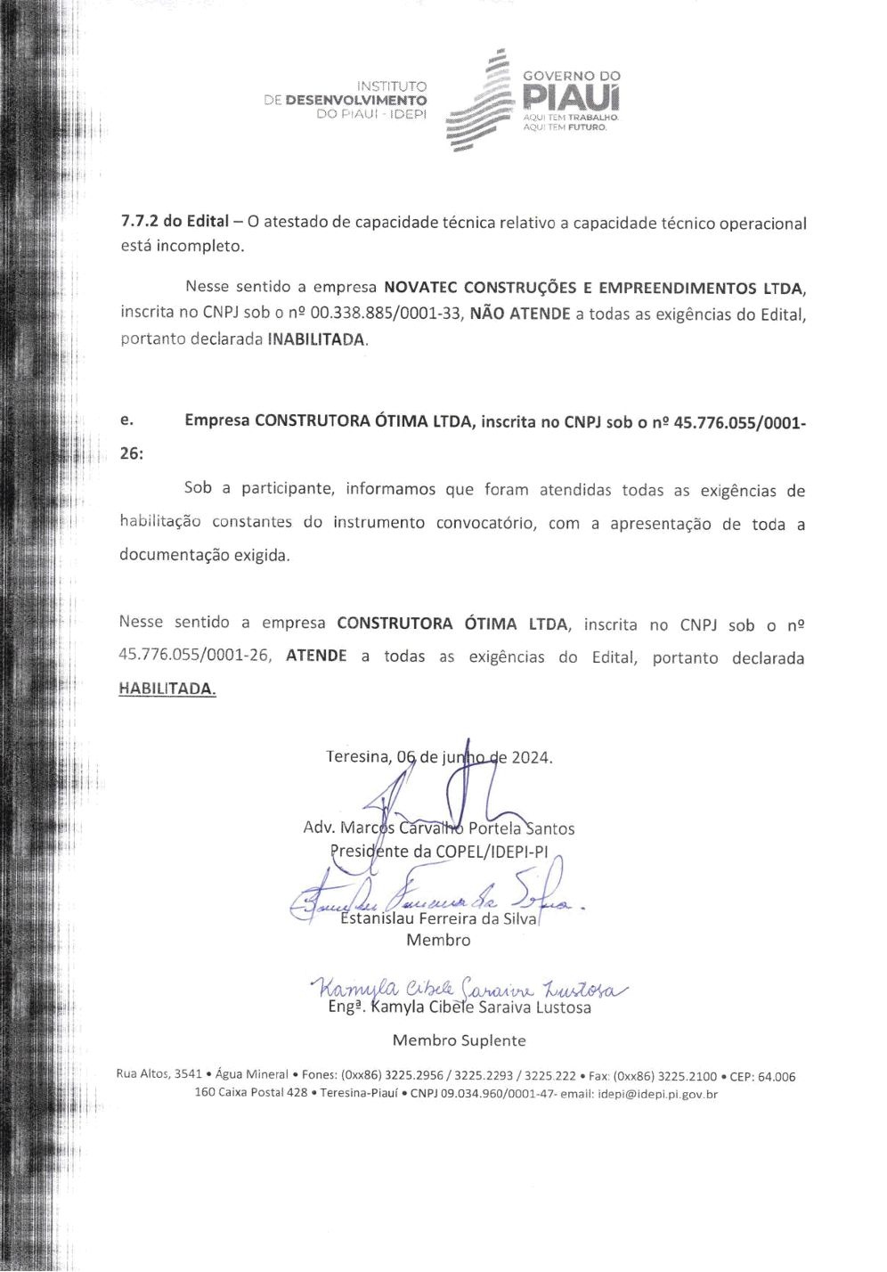 Conclusão do relatório de 6 de junho de 2024: a Construtora Ótima é declarada a única empresa habilitada na Concorrência nº 015/2023