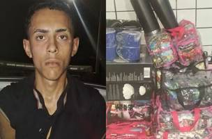 Jovem de 18 anos preso e parte do material apreendido (Foto: Divulgação/PMPI)