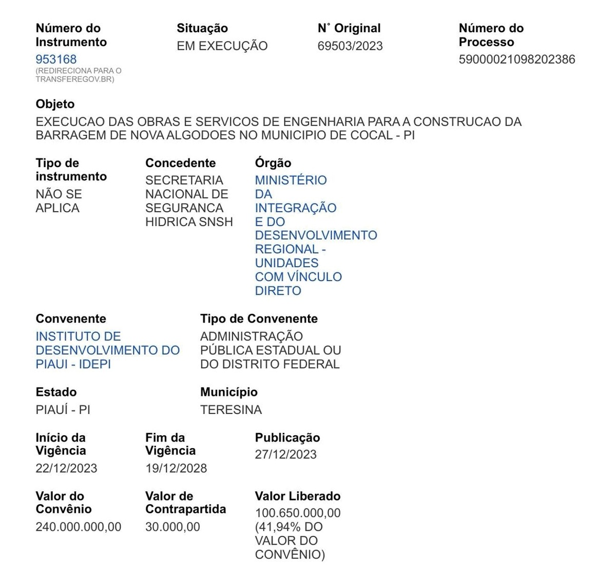 Reprodução do registro do Convênio Transferegov nº 953168/2023, com o valor total de R$ 240 milhões repassados pela União ao Idepi.