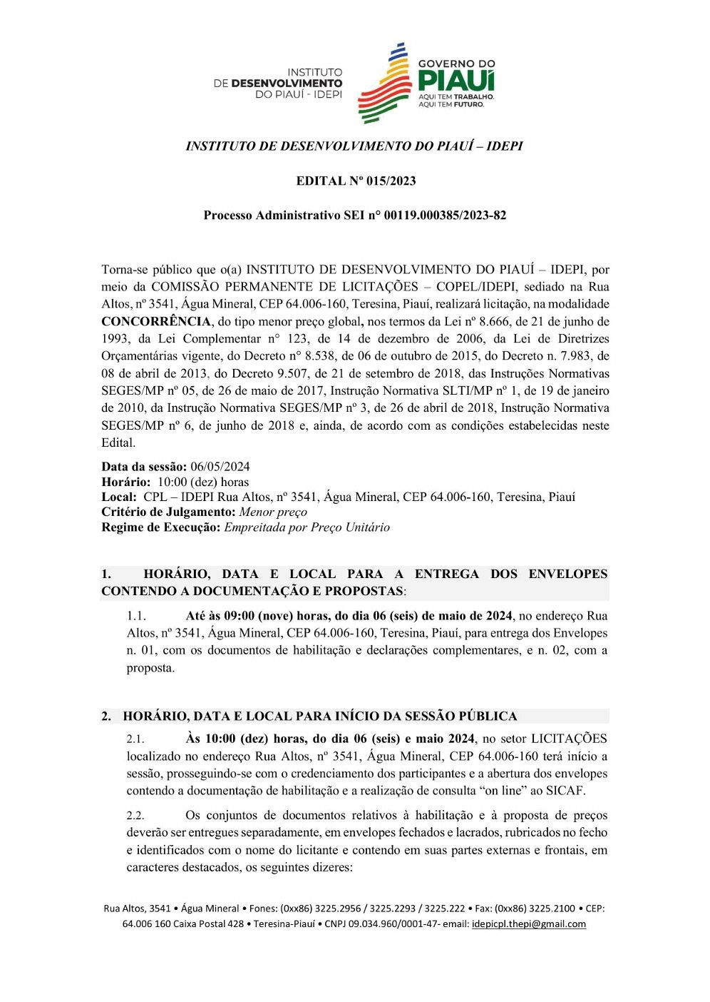 Trecho do Edital nº 015/2023, que define sessão pública presencial, com entrega física de envelopes na sede do Idepi em Teresina