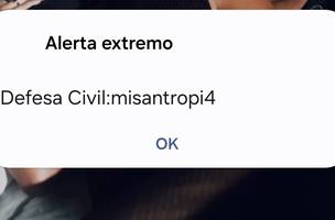Usuários relataram o recebimento de um alerta sonoro incomum contendo a palavra “misantropia”. Defesa Civil nega ter realizado o disparo e investiga a origem da mensagem junto à Anatel. (Foto: Reprodução)