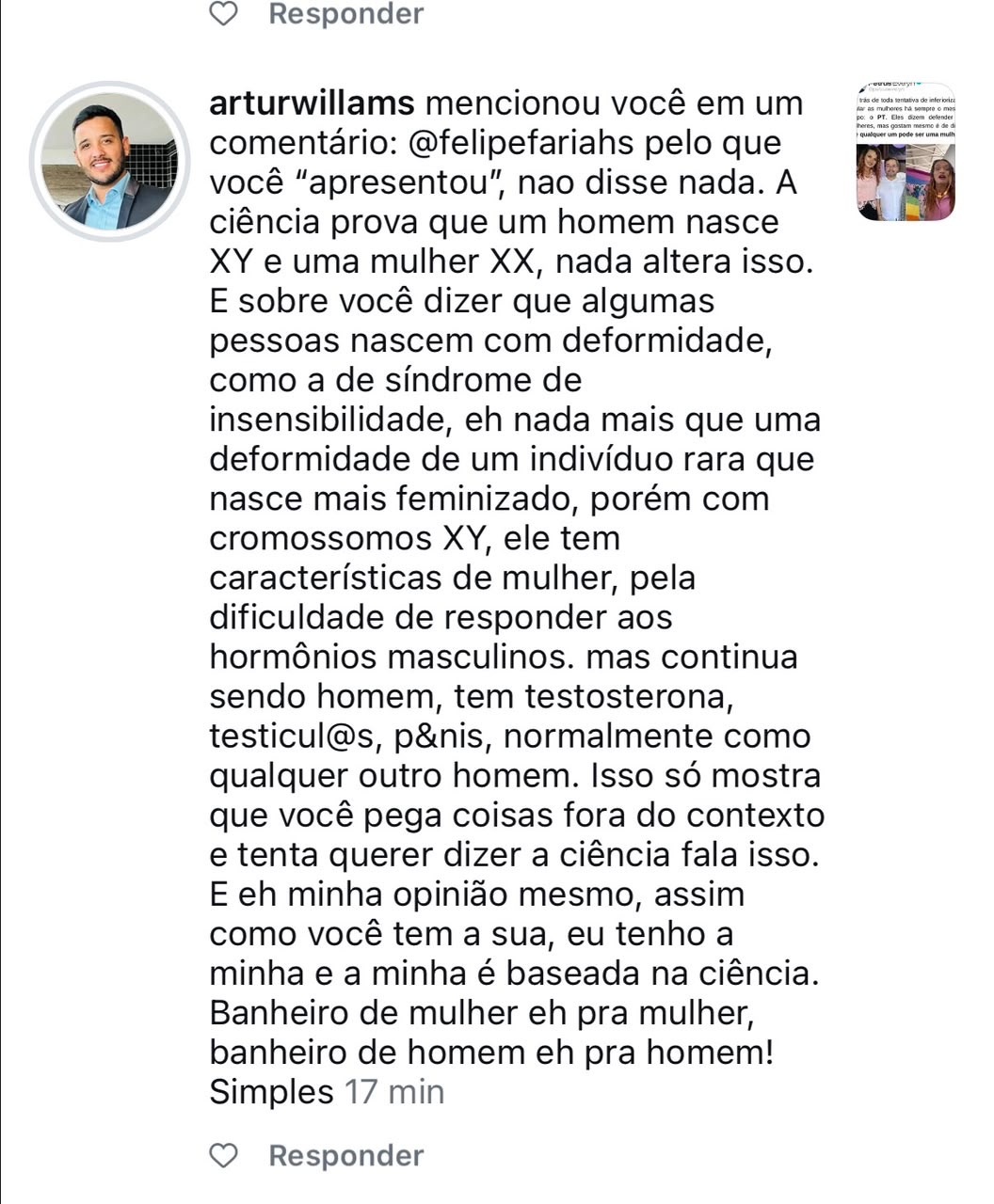Proprietário da SimpliFit faça comentários de cunho transfóbico ao defender a proibição do uso de banheiros femininos por mulheres trans