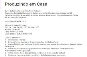 Fundação Monsenhor Chaves promove curso para formação em gestão de cultura (Foto: -)